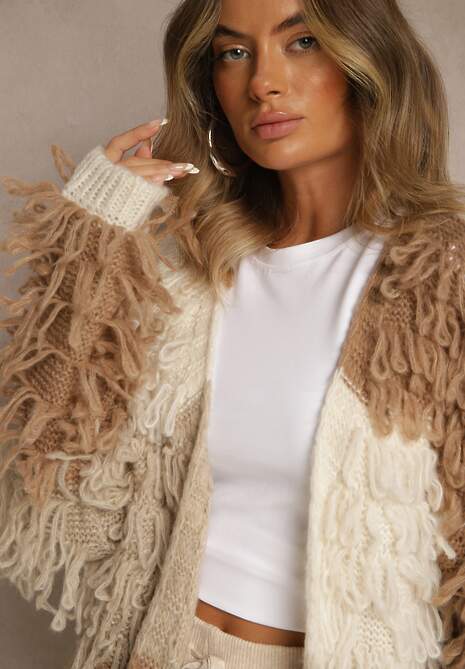 Beżowy Kardigan Bez Zapięć z Domieszką Wełny Zdobiony Imitacją Piór Lanitia
