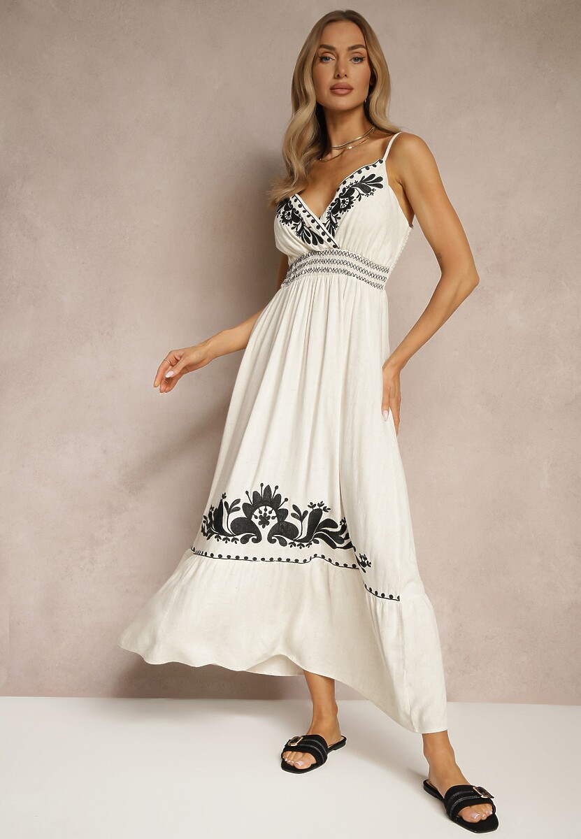 Beżowa Sukienka z Wiskozą i Lnem z Kopertowym Dekoltem Ozdobiona Haftem Sollio