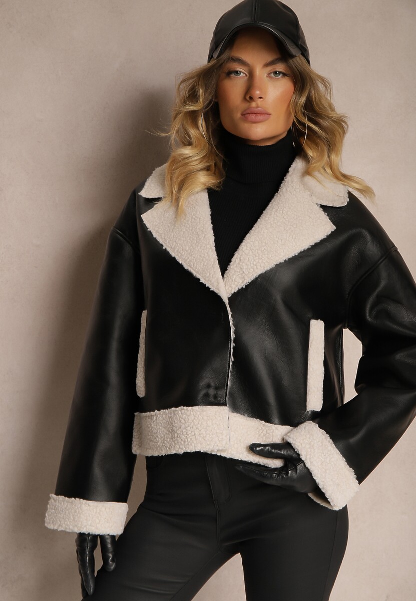 Czarna Kurtka Biker w Stylu Ramoneski z Futrzanym Ociepleniem Nikinia
