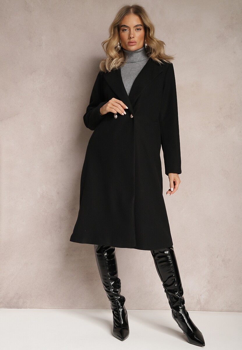 Czarny Długi Płaszcz z Biżuteryjnymi Guzikami Tudella