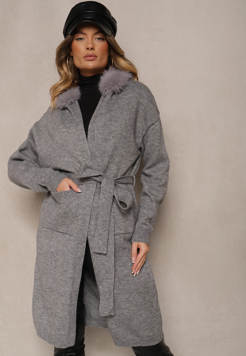 Beżowy Kardigan z Wełną Wiązany w Pasie z Kapturem z Odpinanym Futerkiem Besiyana