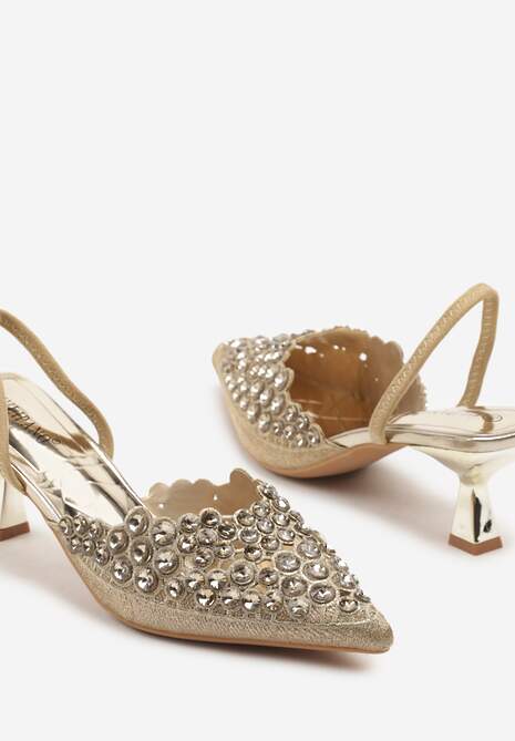 Złote Sandały z Kryształkami na Obcasie Kaczuszka Lenavia