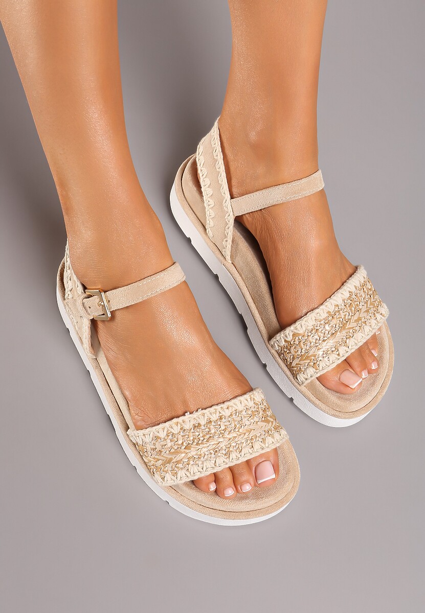 Ciemnobeżowe Sandały na Płaskiej Podeszwie z Ozdobnymi Paskami Zapinane przy Kostce Fialena