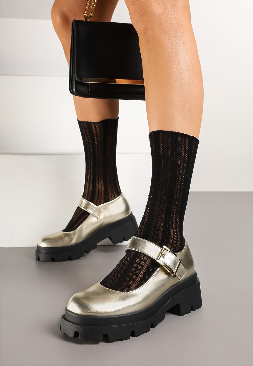 Złote Półbuty Mary Jane na Platformie Wykończone Paskiem ze Sprzączką Navshia