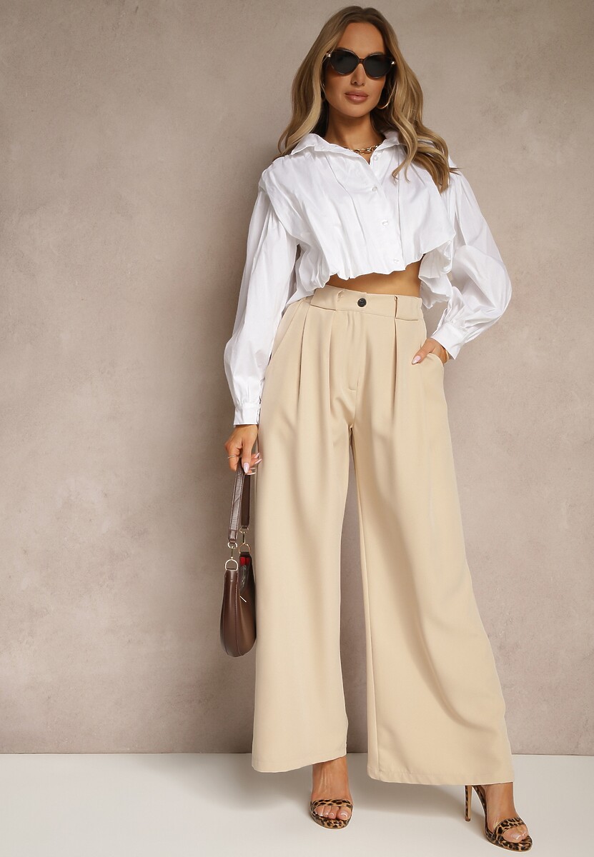 Beżowe Szerokie Spodnie High Waist o Garniturowym Kroju z Zakładkami Uliadorea