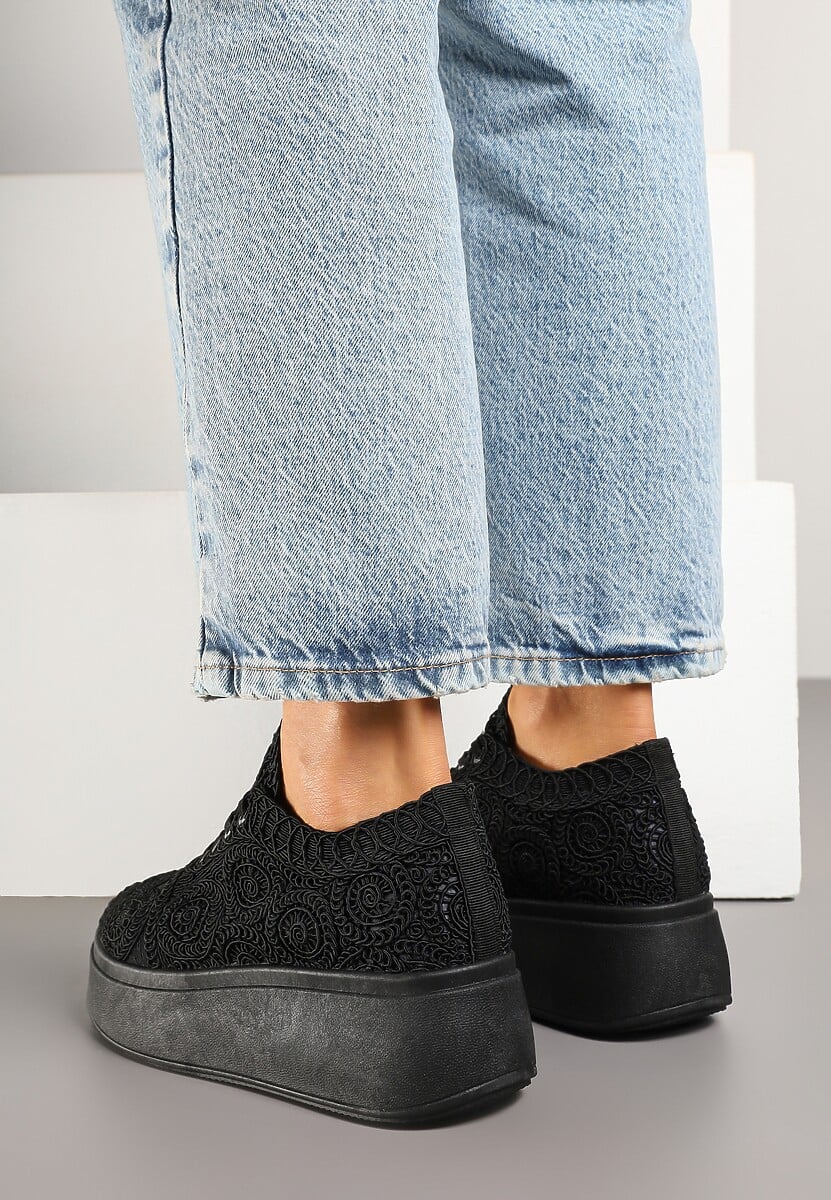 Czarne Szydełkowe Sneakersy Typu Tenisówki na Platformie Filalena