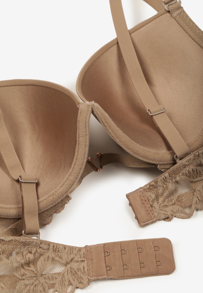 Ciemnobeżowy Biustonosz Push-Up z Koronką i Wycięciem z Przodu Sariaris