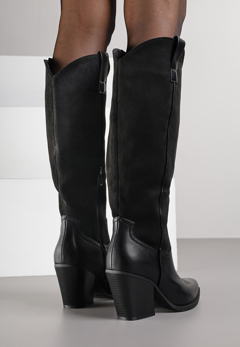 Czarne Kozaki Kowbojki z Łączonych Materiałów na Stożkowym Obcasie Avalerie