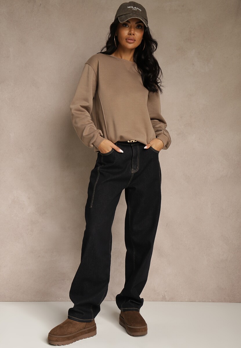 Ciemnobeżowa Bluza z Bawełną i Przeszyciami przy Dekolcie Fezanna