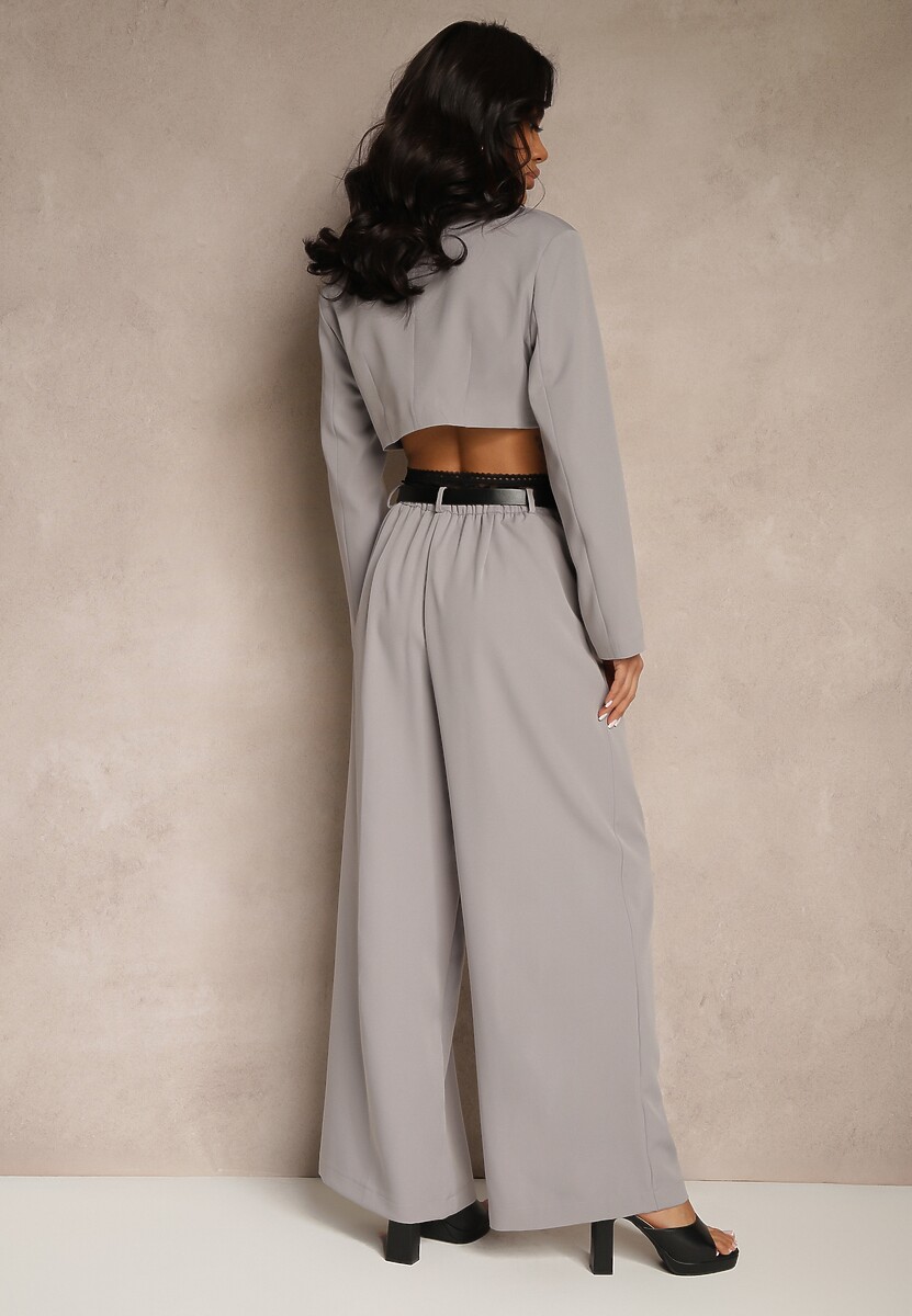 Szary Komplet Szerokie Spodnie i Krótka Marynarka z Usztywnionymi Miseczkami Liovea