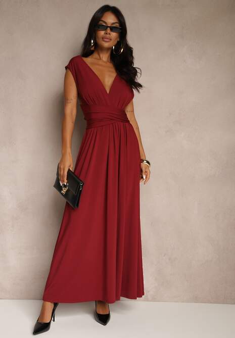 Bordowa Sukienka Koktajlowa Multiway z Wiskozą Wiązana na Szyi Lilovea