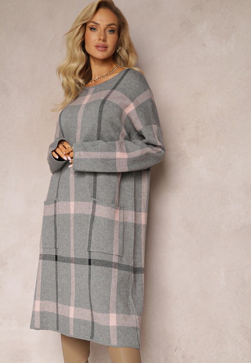 Szara Midi Sukienka w Kratę z Kieszeniami o Pudełkowym Fasonie Bamira