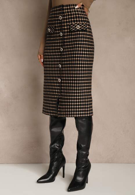 Czarno-Beżowa Tweedowa Spódnica Ołówkowa w Kratę z Guzikami Aretusa