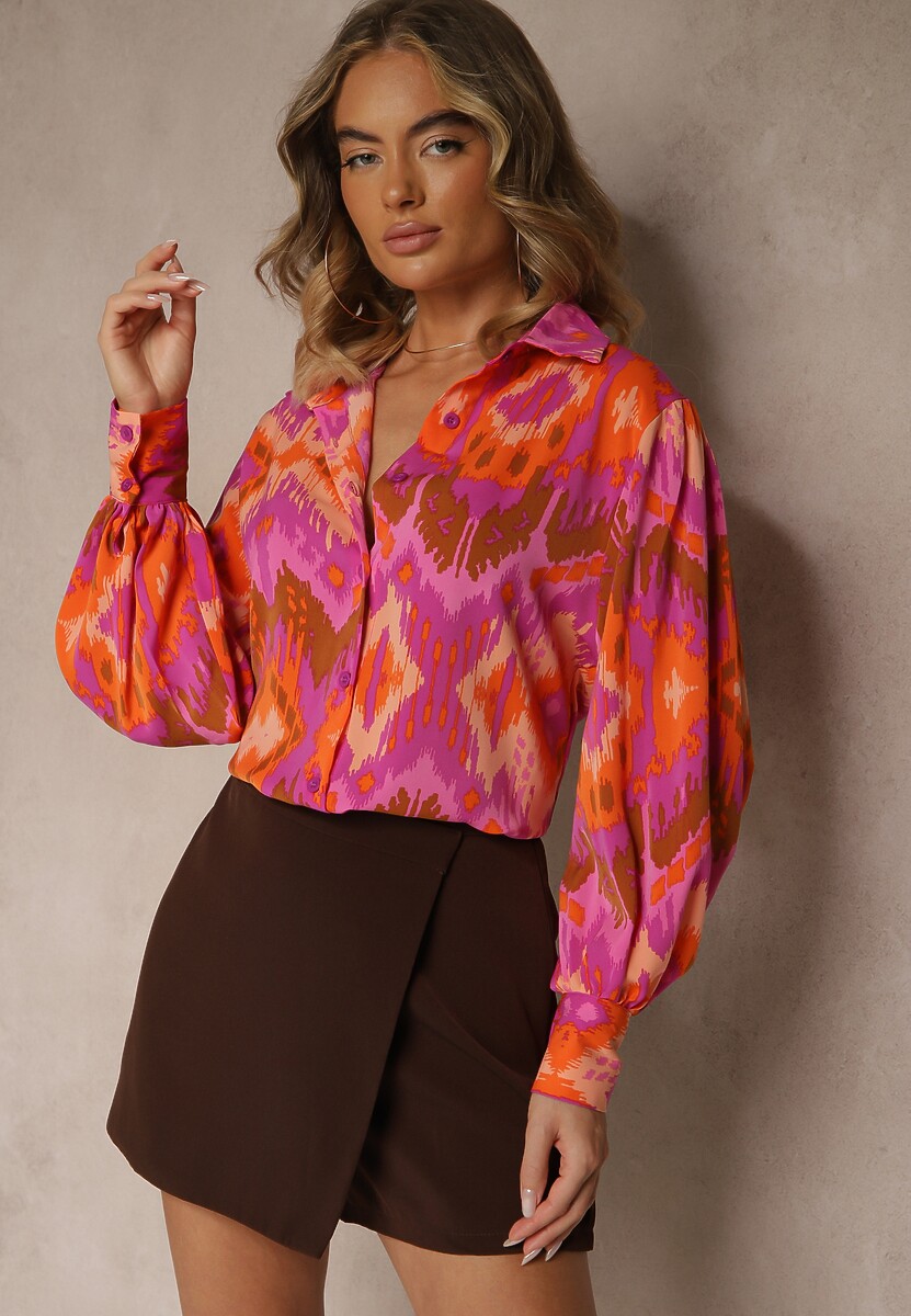 Fuksjowa Luźna Koszula ze Wzorem Etno i Bufiastymi Rękawami Kaelith