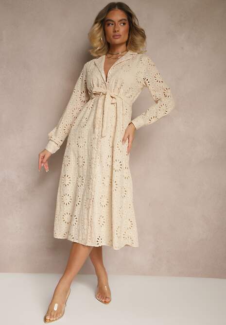 Beżowa Ażurowa Sukienka Koszulowa Ozdobiona Paskiem Tananilia