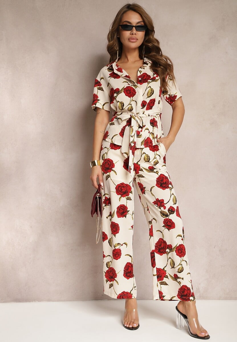 Beżowo-Bordowe Szerokie Spodnie w Kwiatowy Print z Kieszonkami Pomgranata