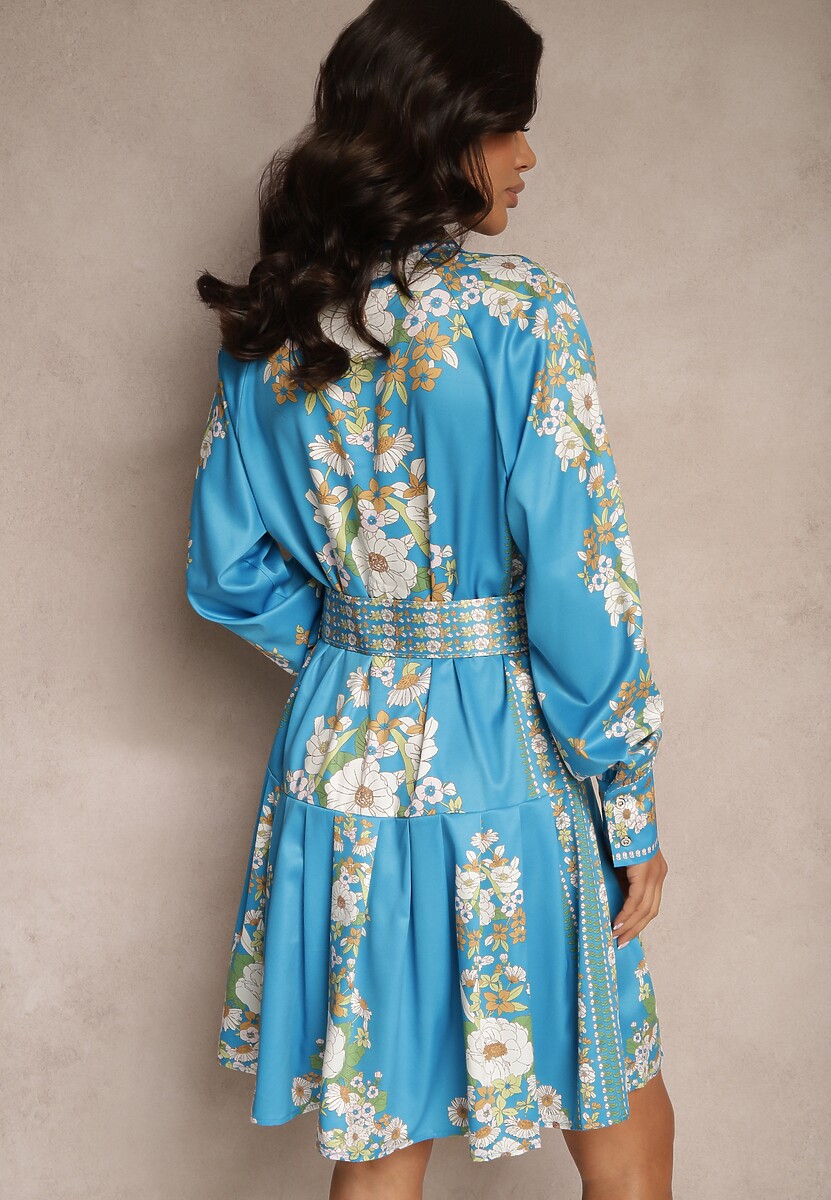 Niebieska Sukienka w Kwiaty o Koszulowym Kroju z Paskiem Alanisia