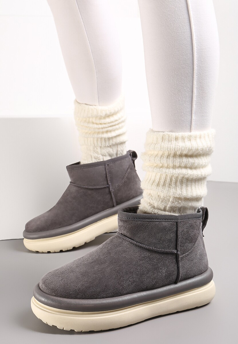 Szare Śniegowce Ultra Mini na Grubej Podeszwie z Futerkiem Asemmia