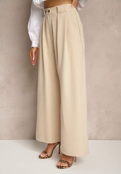 Beżowe Szerokie Spodnie High Waist o Garniturowym Kroju z Zakładkami Uliadorea