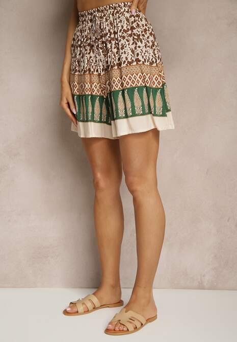 Brązowe Szorty z Bawełny High Waist Ozdobione Kwiatami Kolirea