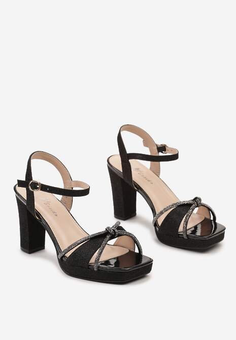 Czarne Brokatowe Sandały Na Wysokim Słupku z Zapięciem na Sprzączkę Anledima