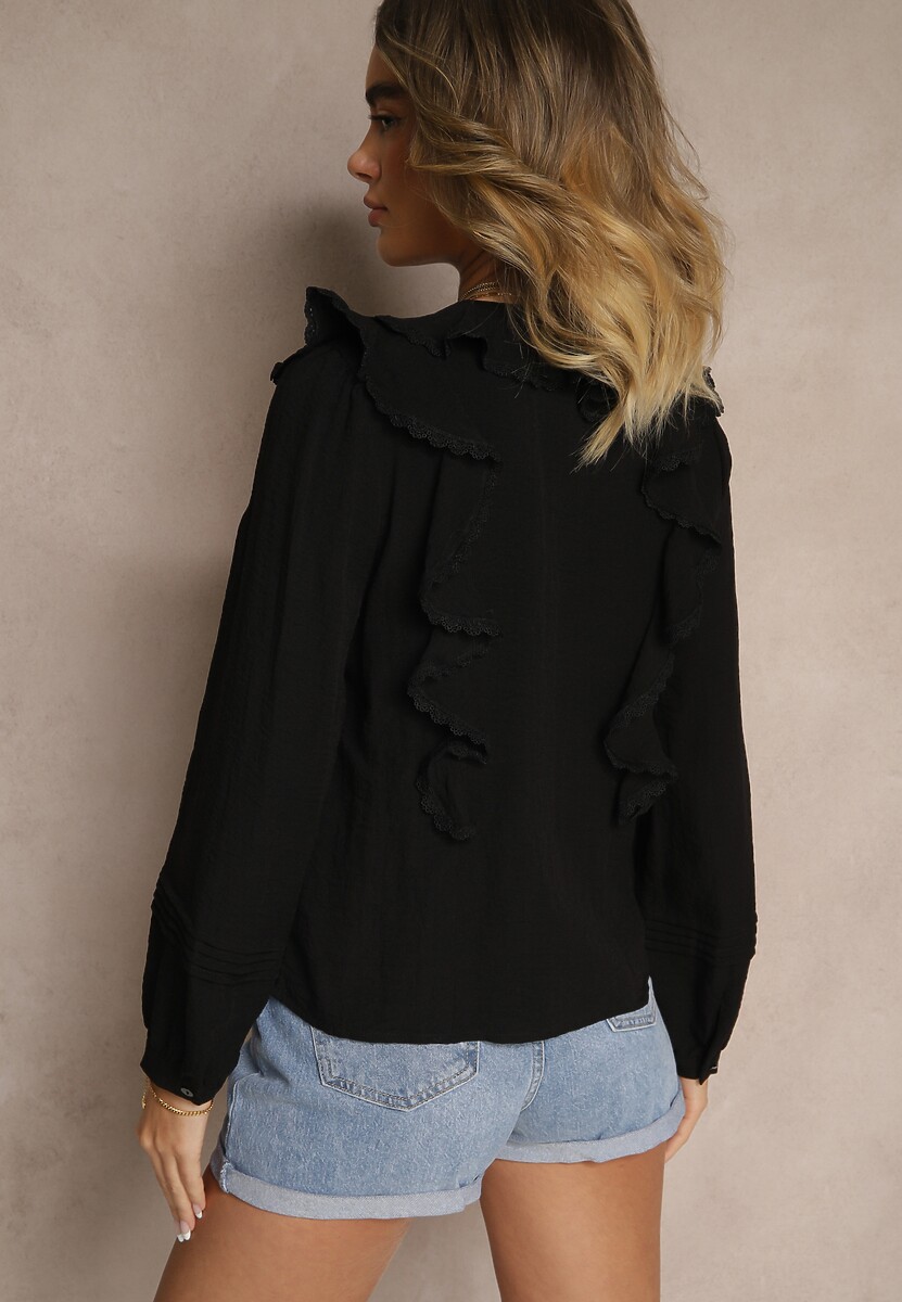 Czarna Bluzka z Wiskozy Ozdobiona Falbankami i Wiązaniem Fonoriel