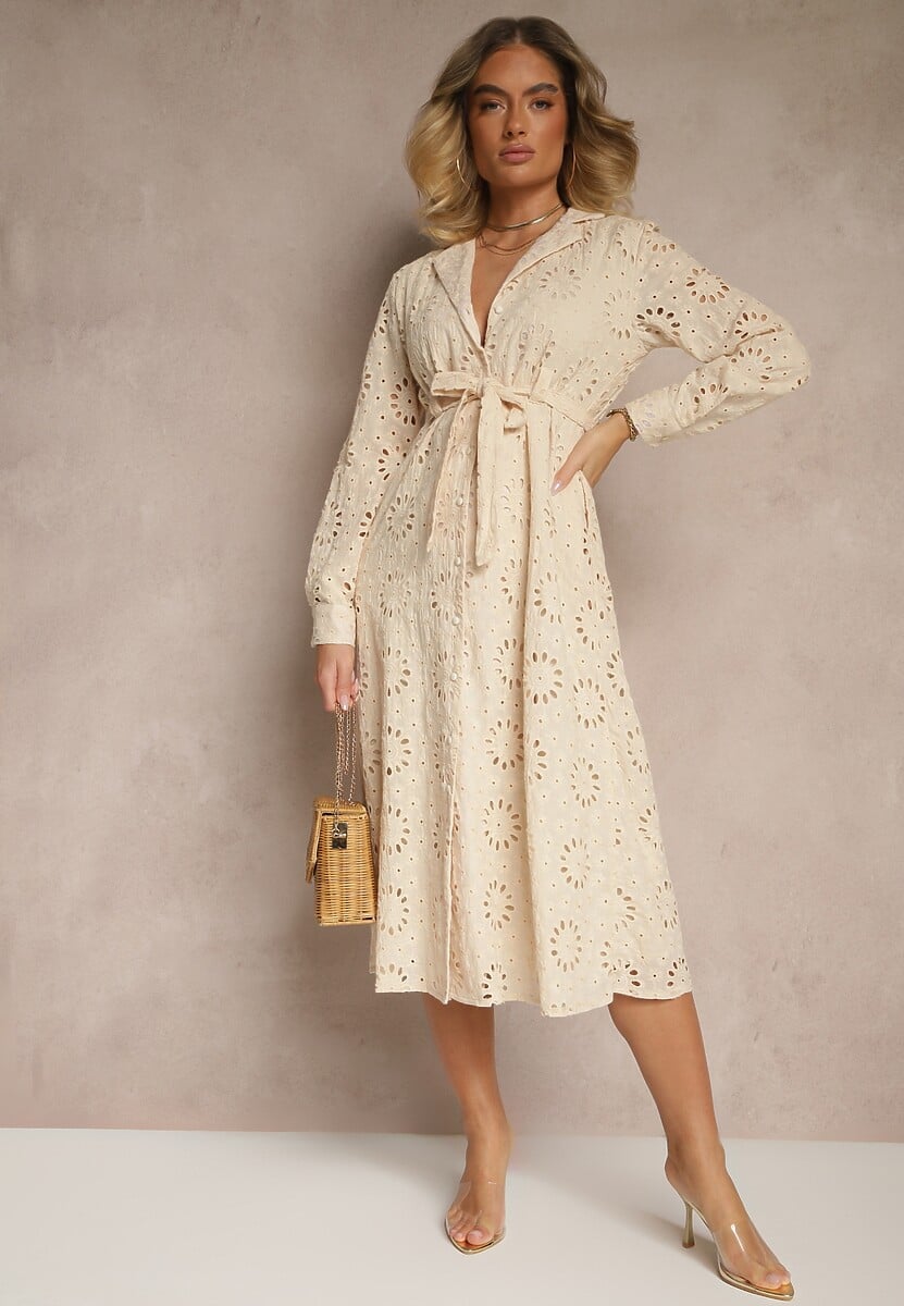 Beżowa Ażurowa Sukienka Koszulowa Ozdobiona Paskiem Tananilia