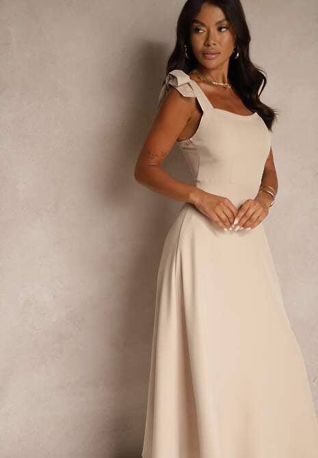 Beżowa Sukienka z Wiskozą o Rozkloszowanym Kroju z Wiązaniem Nilafeia