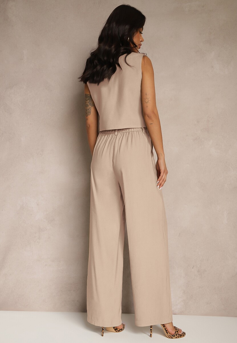 Beżowy Wiskozowy Komplet o Garniturowym Kroju Kamizelka i Spodnie Soreya