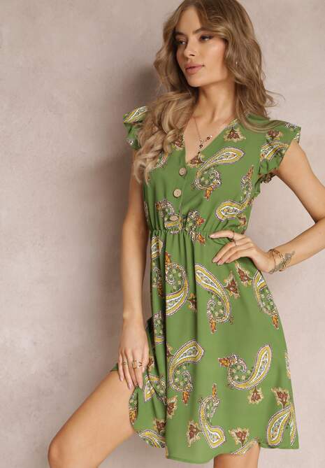 Zielona Rozkloszowana Sukienka Mini we Wzór Paisley Rachelli