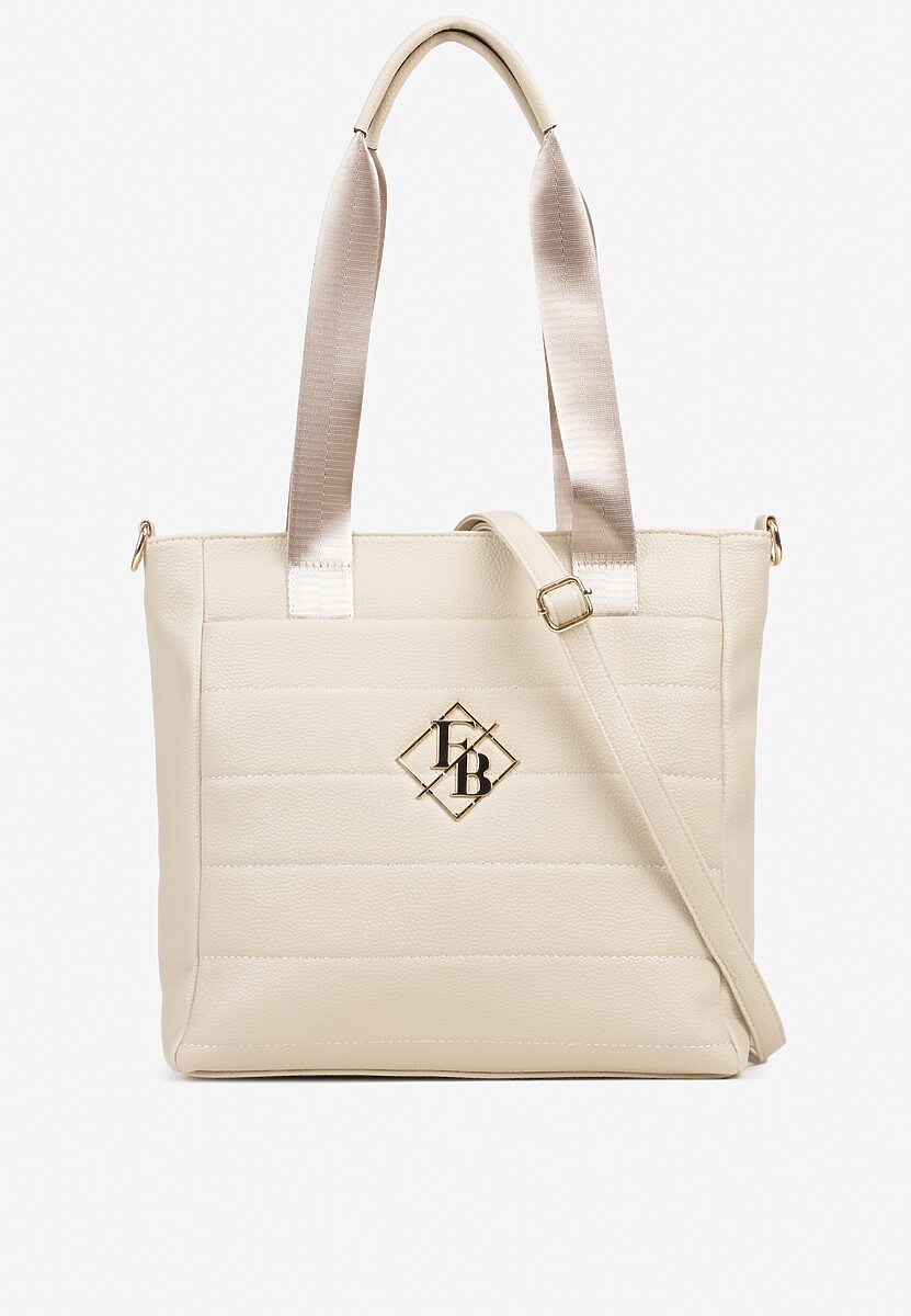 Beżowa Torebka Typu Shopper z Paskiem Crossbody i Aplikacją Zdobiona Pikowaniem Fleomira