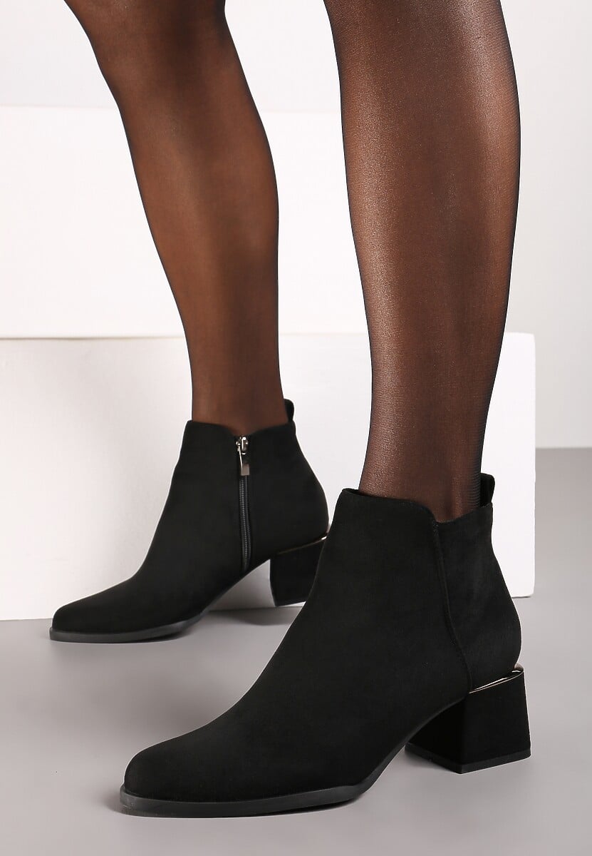 Czarne Botki z Ekozamszu na Niskim Obcasie Zdobionym Metaliczną Wstawką Brievia