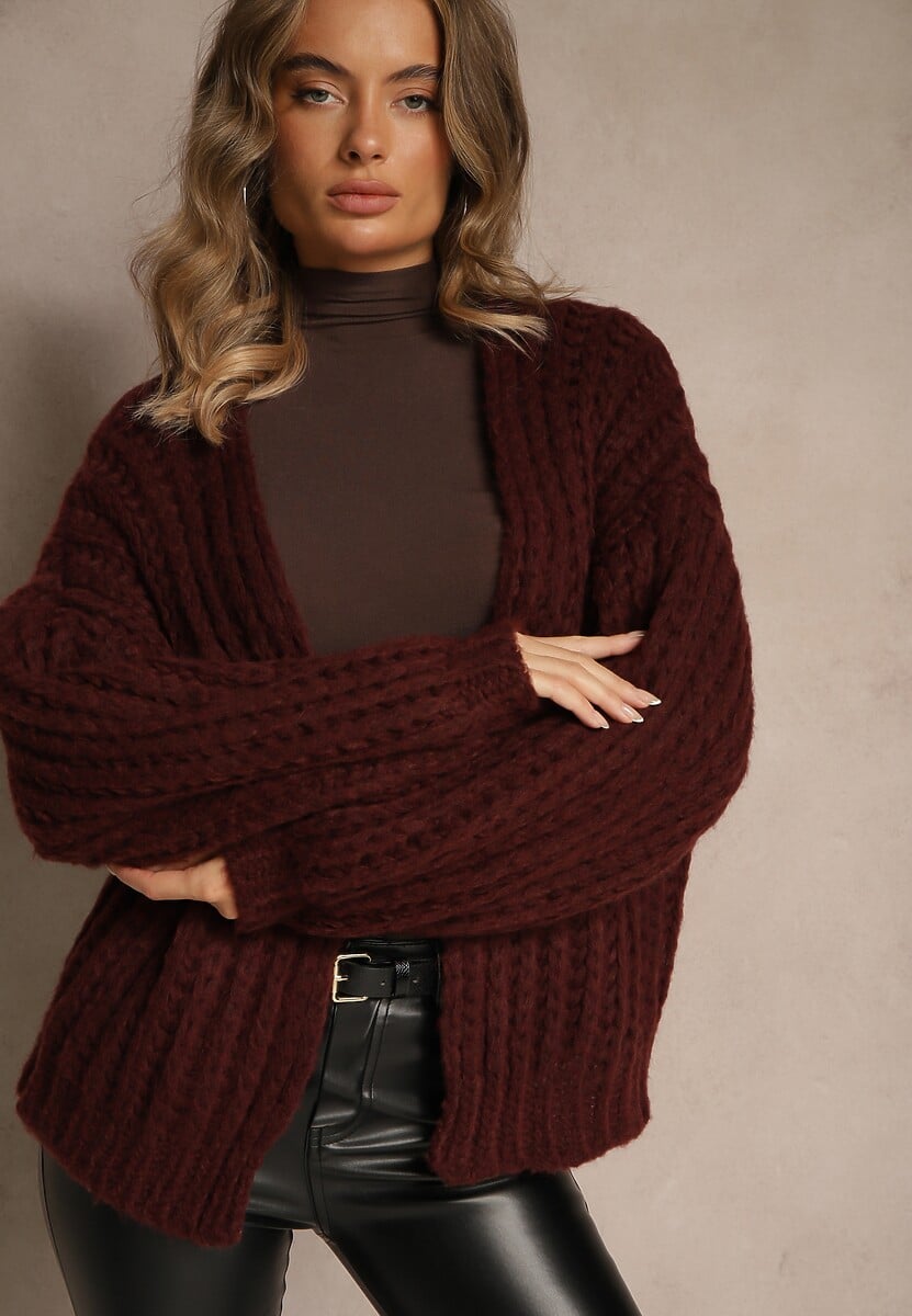 Bordowy Oversizowy Kardigan Bez Zapięć z Dodatkiem Wełny i Wiskozy Titanesa