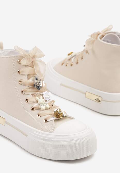 Beżowe Trampki na Platformie z Wysoką Cholewką Ozdobione Cyrkoniami Fenvisa