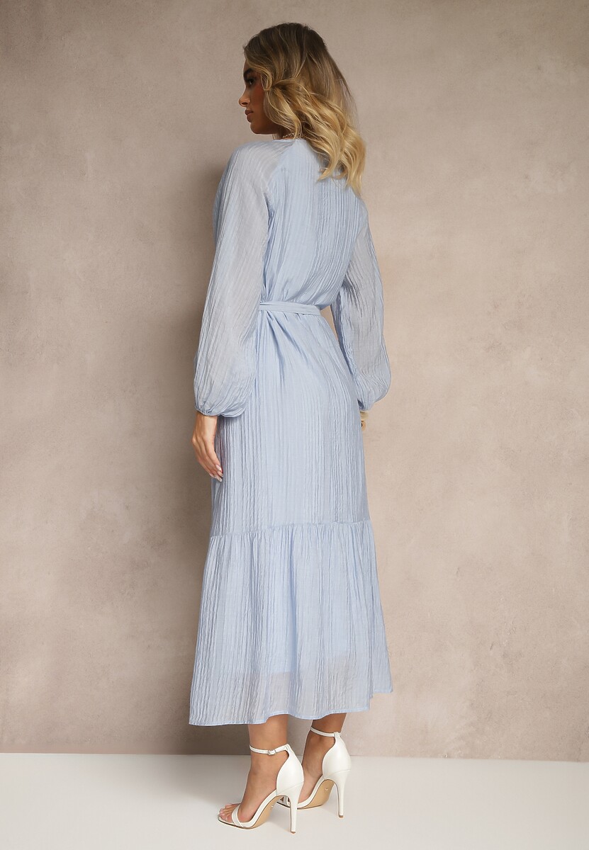 Niebieska Sukienka z Wiskozy Taliowana z Rozkloszowanym Dołem o Koszulowym Kroju Emlio