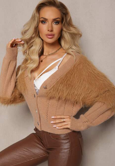Brązowy Kardigan z Włochatą Dzianiną Przy Dekolcie i Rękawach Saccina