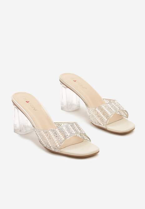 Beżowe Transparentne Klapki na Słupku Ozdobione Cyrkoniami Sarfia