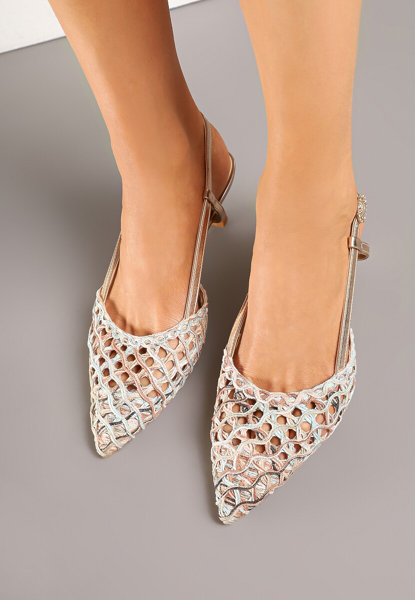 Beżowo-Złote Sandały na Kaczuszce Slingback z Plecionką Clevassa