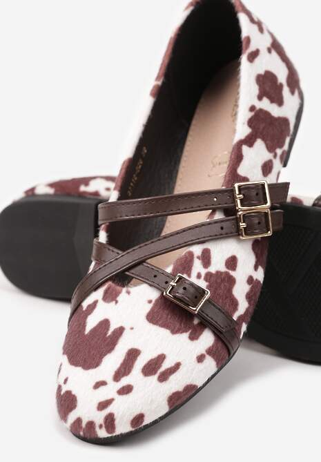 Brązowo-Białe Balerinki Vices Mary Jane w Krowie Łaty z Wkładką ze Skóry Naturalnej Rilomia
