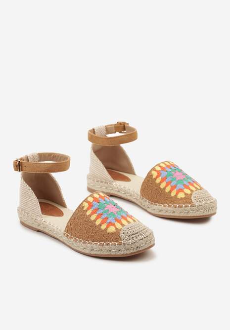 Brązowe Espadryle na Płaskiej Podeszwie Zapinane na Sprzączkę z Plecioną Podeszwą Laveda