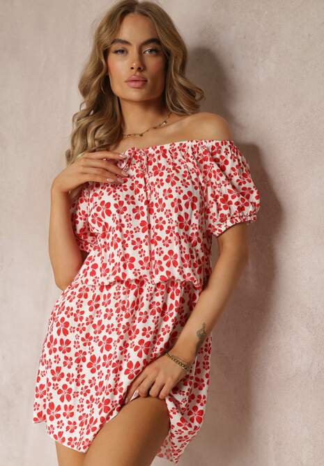 Czerwona Wiskozowa Sukienka Mini Hiszpanka z Gumką w Pasie Bradite