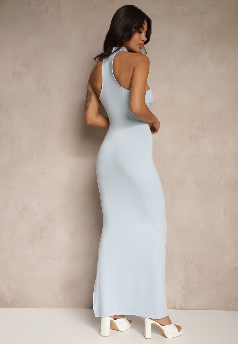 Niebieska Sukienka z Wiskozą z Ozdobnym Marszczeniem przy Dekolcie i Rozcięciem Lunitiela