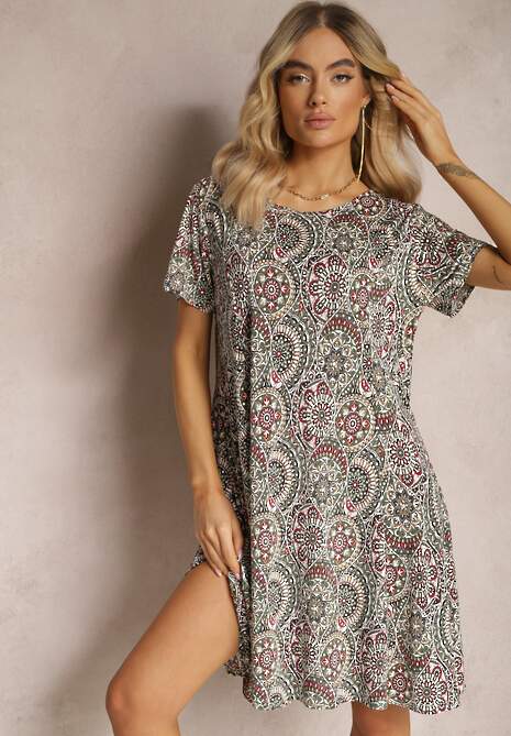 Zielono-Różowa Krótka Sukienka w Stylu Boho z Elastycznej Wiskozy z Krótkimi Rękawami Ailoni