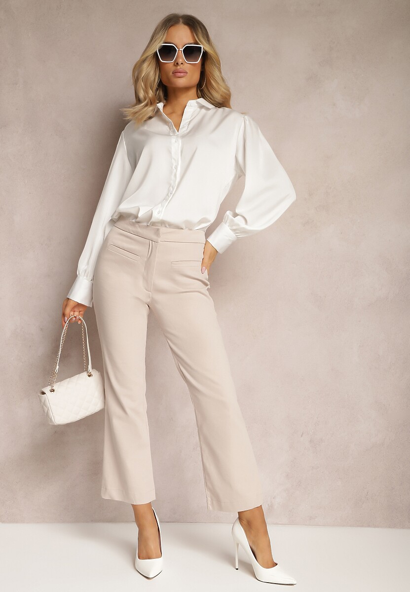 Jasnobeżowe Spodnie High Waist w Garniturowym Stylu z Prostymi Nogawkami Nieana