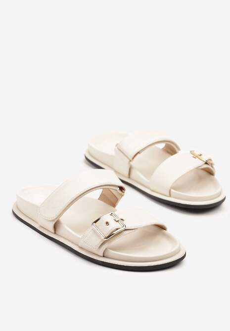 Beżowe Klapki Ozdobione Dwoma Paskami Navinma