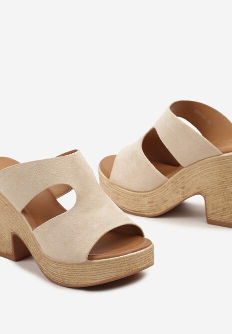 Beżowe Wsuwane Klapki na Obcasie i Platformie z Wyciętym Paskiem Teasel