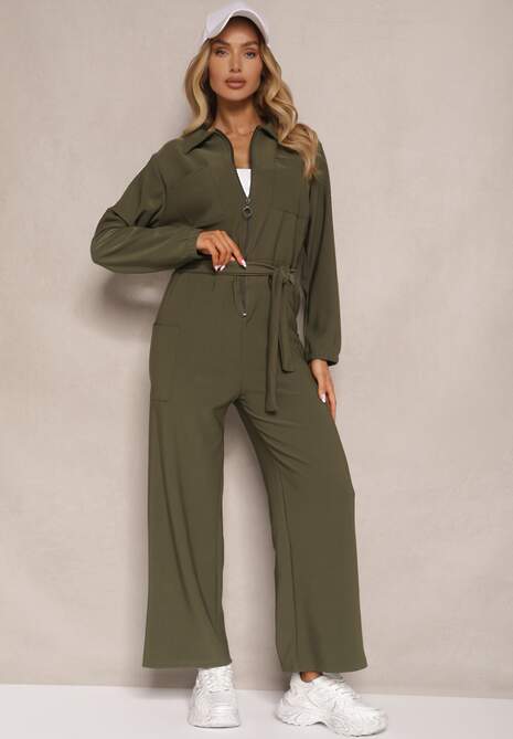 Zielony Kombinezon z Elastyczną Gumką w Pasie z Dodatkowym Wiązaniem o Luźnym Kroju Creera