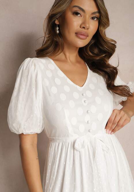 Biała Maxi Sukienka Tiulowa Rozkloszowana z Paskiem i Bufiastymi Rękawami Bervilla