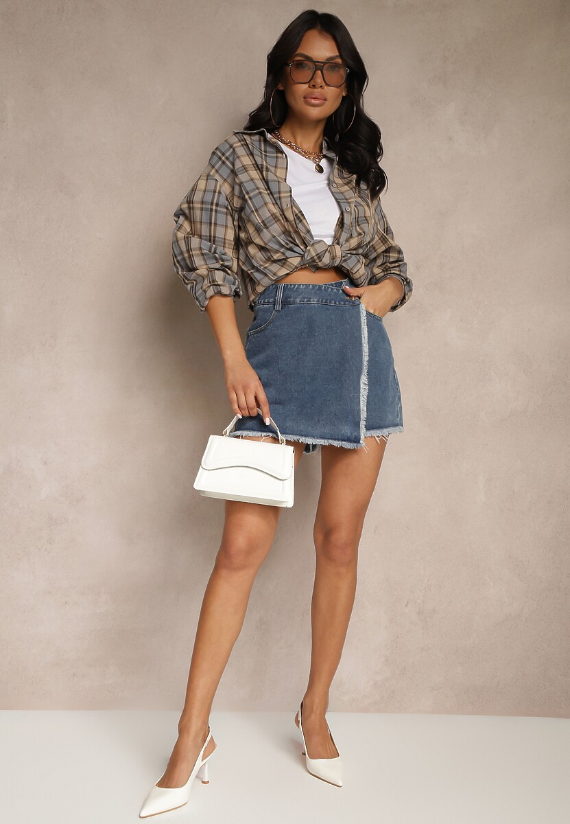 Granatowe Bawełniane Jeansowe Spódnico-Spodenki High Waist o Asymetrycznym Kroju Alwiwi