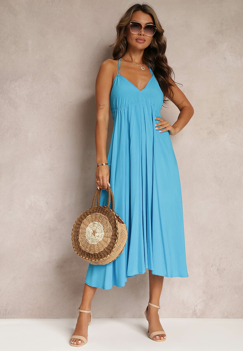 Niebieska Sukienka Midi z Wiskozy i Wiązaniem na Szyi Alleve